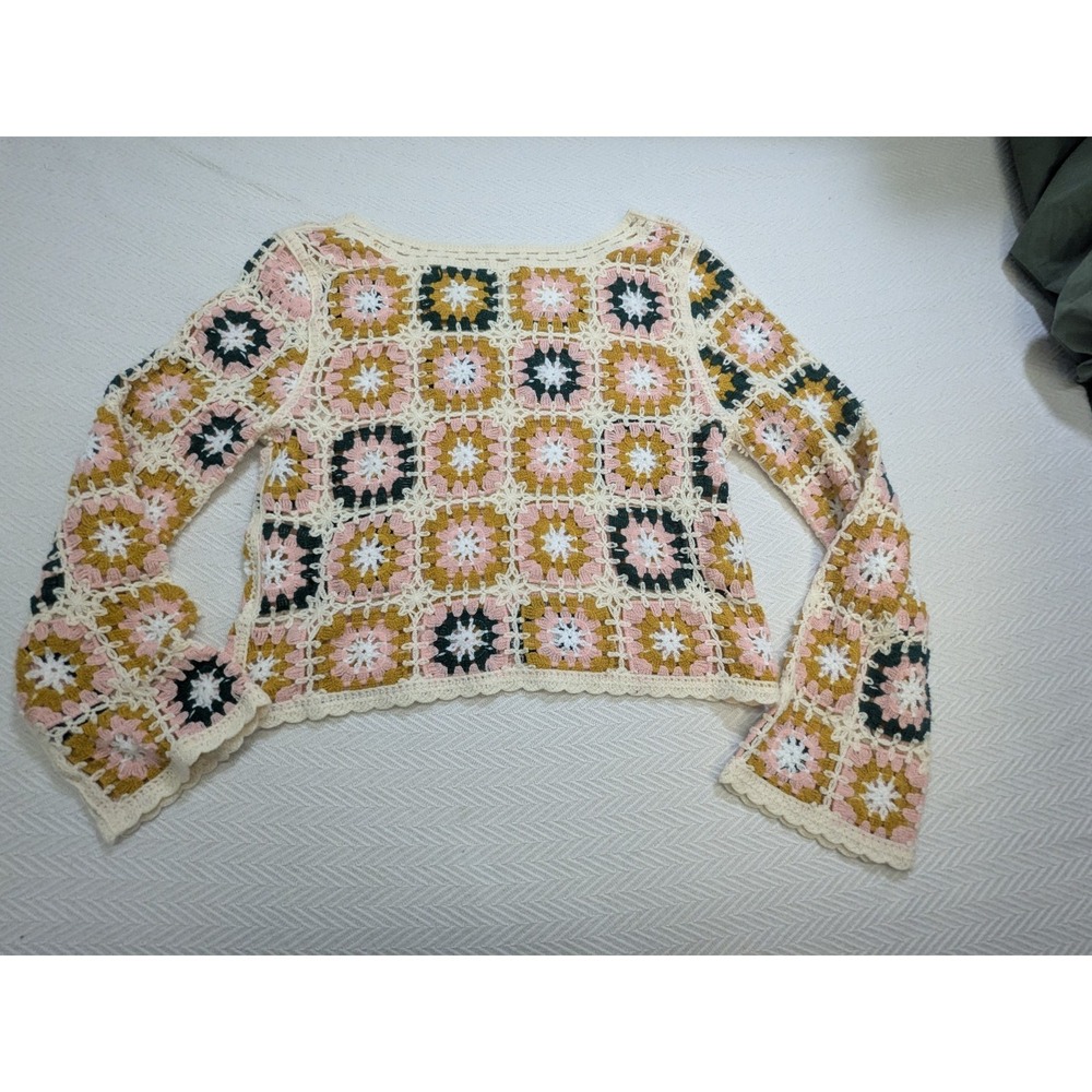 Rebellion Again Crochet Granny Square Cardigan L Boho Open Front Festival